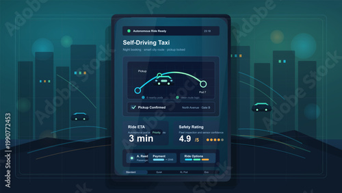 Dark autonomous taxi mobile app interface with route map, pickup confirmation, ETA, safety rating, and ride options in futuristic city night scene.