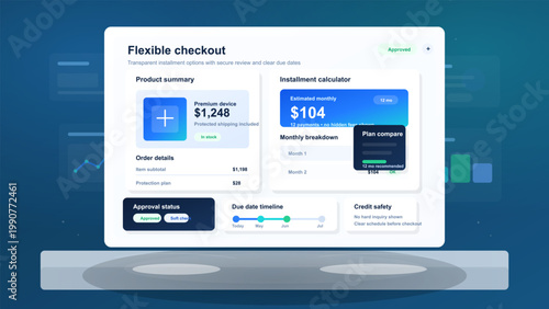 Flexible checkout dashboard with installment calculator, product summary, approval status, due date timeline and credit safety panels overview