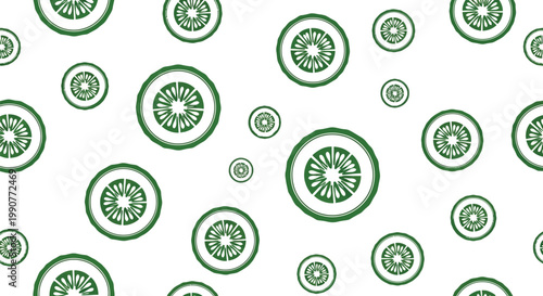 Seamless pattern of hand-drawn green circular elements resembling cucumber slices