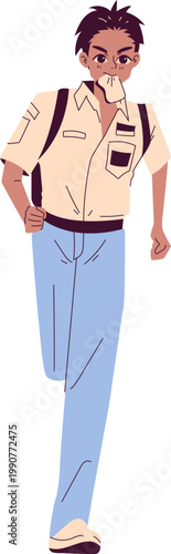 Anxious cartoon student running with toast in mouth wearing school uniform and backpack.