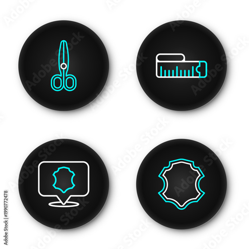 Set line Leather, Tape measure and Scissors icon. Vector