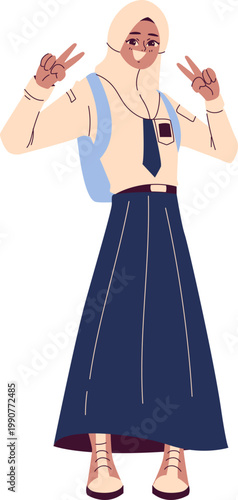 Cheerful Muslim student in school uniform and hijab making peace signs flat vector art.