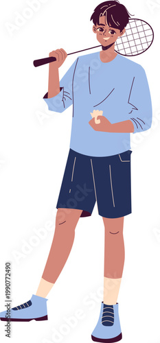 Cheerful young male badminton player illustration holding racket over shoulder shuttlecock in hand.