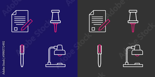 Set line Table lamp, Pen, Push pin and Exam sheet and pencil icon. Vector