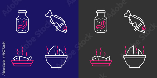 Set line Shark fin soup, Served fish on plate, Fish and Sea cucumber jar icon. Vector