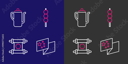 Set line China flag, Decree, paper, parchment, scroll, Meatballs on wooden stick and Chinese tea ceremony icon. Vector