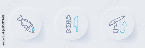 Set line Fishing harpoon, with sliced pieces and icon. Vector