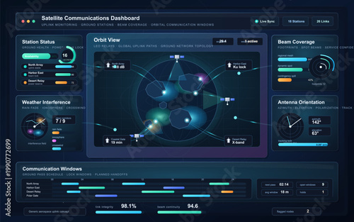 Satellite communications dashboard with orbit view, ground station status, beam coverage, antenna orientation and uplink schedule panels.