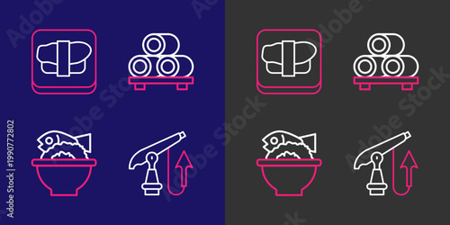 Set line Fishing harpoon, Served fish bowl, Sushi cutting board and icon. Vector
