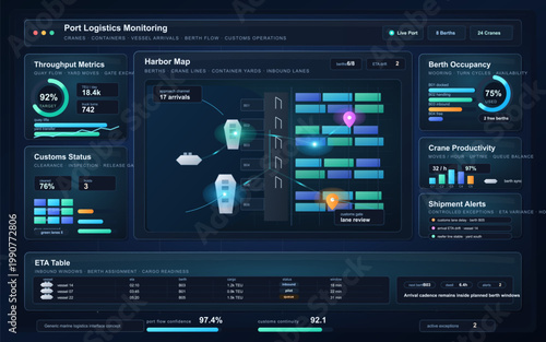 Dark port logistics monitoring dashboard interface showing harbor map, berth occupancy, customs status, crane productivity and ETA data
