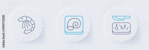 Set line Cutting board and knife, Octopus on plate and Shrimp icon. Vector