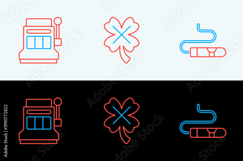Set line Cigar, Slot machine and Casino slot with clover icon. Vector