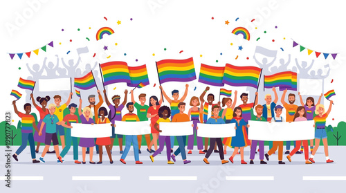 People holding rainbow flags parade.