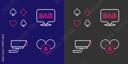 Set line Lottery ball on bingo card, Security camera, Alcohol bar location and Deck of playing cards icon. Vector
