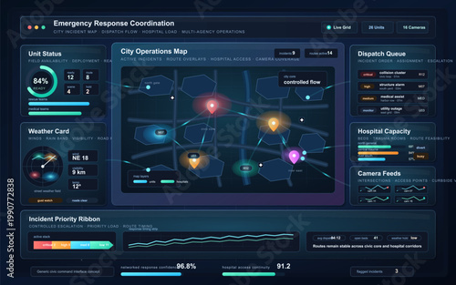 Dark emergency response coordination dashboard with city operations map, dispatch queue, hospital capacity panels, and weather status widgets
