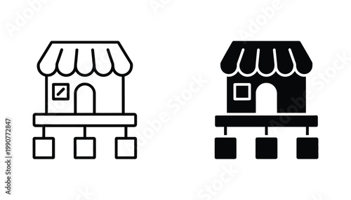 Retail store building icon showing franchise location concept in outline and solid vector design