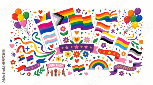 Pride flags and colorful decorations.
