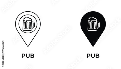 Map pin icon with a beer mug symbol representing a local pub or bar location in vector format