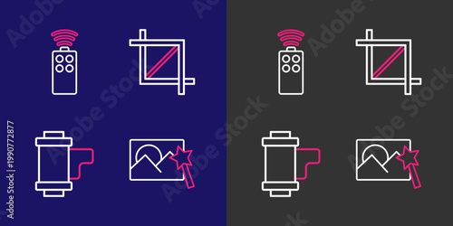 Set line Photo retouching, Camera roll cartridge, Picture crop photo and Remote control for camera icon. Vector