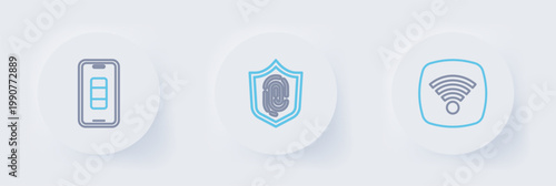 Set line Wi-Fi wireless internet network, Fingerprint and Smartphone battery charge icon. Vector