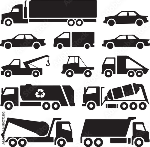 Collection of various commercial and construction vehicles in black and white silhouette