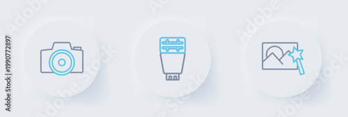 Set line Photo retouching, camera flash and icon. Vector