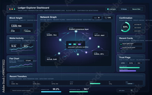 Dark ledger explorer dashboard interface with network graph, block height metrics, confirmation status, wallet activity, and transfer panels