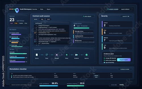 Contract audit workspace dashboard with code review panel, severity findings, evidence export and remediation checklist screen overview.