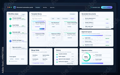 Document automation portal interface with workflow steps, template library, approval queue, generated documents, and signature status panels
