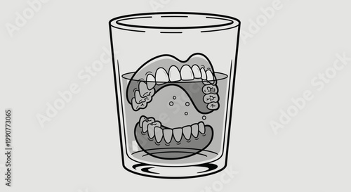 Cartoon Dentures Soaking in a Glass of Water, Isolated on a Light Grey Background