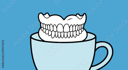 Cartoon Dentures Soaking in a Blue Mug, Isolated on a Blue Background