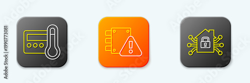 Set line Thermostat, House under protection and Smart home icon. Vector