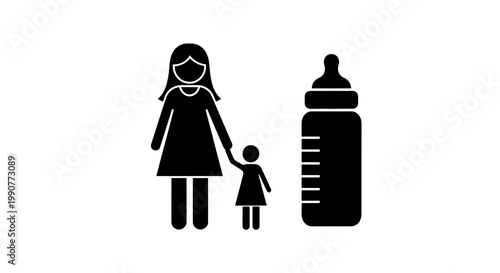 Silhouette of Mother and Child with Baby Bottle, Isolated White Background