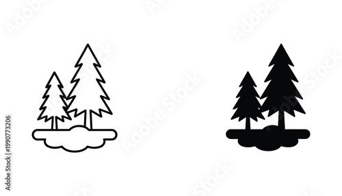 Nature and forest icon set displaying pine trees on a small patch of land in linear and solid graphic styles for environmental conservation and outdoor recreation web design and digital media