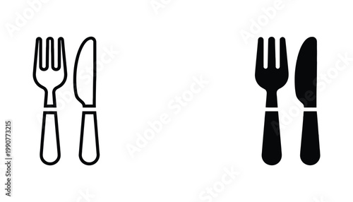 Professional restaurant cutlery icon set featuring fork and knife tools in linear and solid black silhouettes for culinary websites and food service branding assets and menu design elements