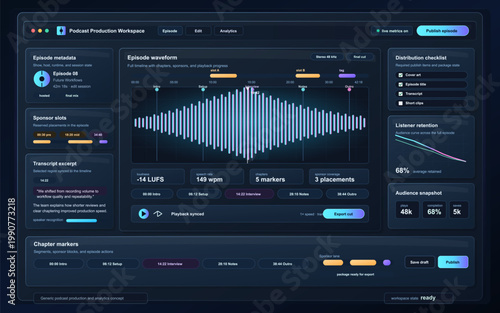 Dark podcast production workspace dashboard interface with episode waveform, transcript, sponsor slots, retention metrics and publish controls