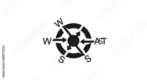 Stylized black compass rose icon with W, S, and AST directions, isolated white background.
