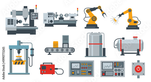 Detailed set of modern industrial manufacturing machinery and robotic automation equipment, isolated white background.