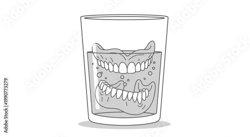 Dentures soaking in a glass of water, isolated white background.