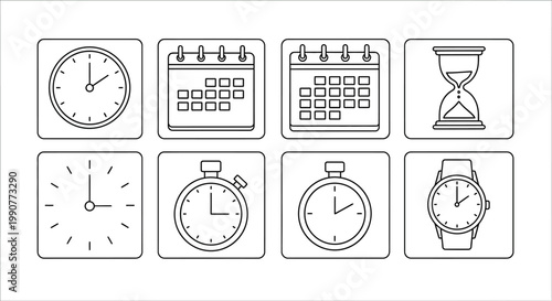 Collection of Timekeeping Devices and Calendars Icons.