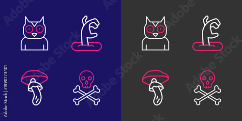Set line Skull on crossbones, Psilocybin mushroom, Zombie hand and Owl bird icon. Vector