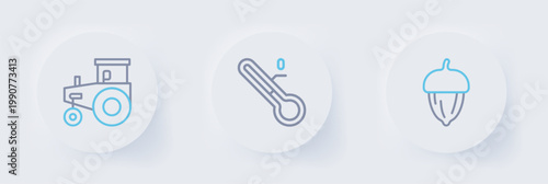 Set line Acorn, Meteorology thermometer and Tractor icon. Vector