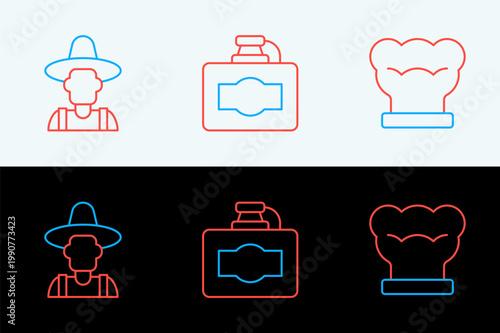 Set line Chef hat, Farmer in the and Cardboard box of wine icon. Vector