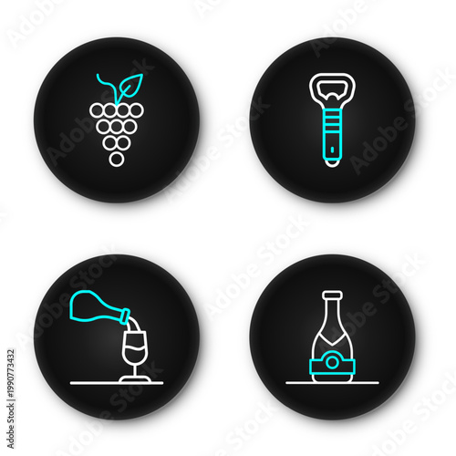 Set line Champagne bottle, Wine tasting, degustation, Bottle opener and Bunch of grapes icon. Vector