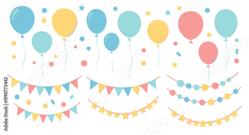 Set of Colorful Party Balloons, Bunting Banners, and Confetti for Celebration Decoration, Isolated White Background