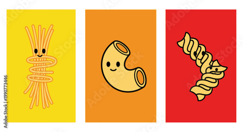 Cute Cartoon Pasta Characters Illustration Set with Happy Faces on Colorful Backgrounds, Fun Food Art