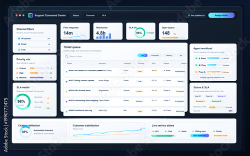 Customer support command center dashboard with ticket queue, SLA metrics, agent workload, channel filters, and live service status panels