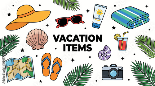 Vibrant collage of vacation essentials featuring a wide-brim hat, sunglasses, passport, camera, map, towel, flip-flops, seashells, palm leaves, postcard, and a refreshing drink.