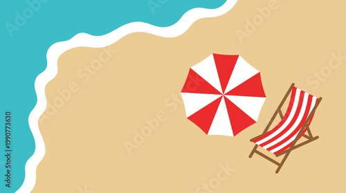 Sunny beach scene with a red and white striped umbrella and lounge chair on golden sand beside turquoise waves