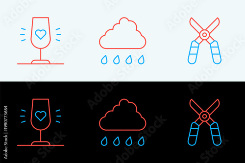 Set line Gardening scissors, Wine glass and Cloud with rain icon. Vector
